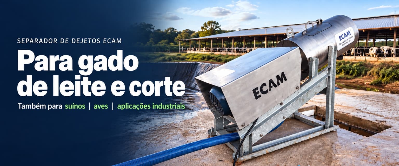 Separador de dejetos ECAM em uma fazenda leiteira. Para gado de leite e corte; também para suínos, aves e aplicações industriais.