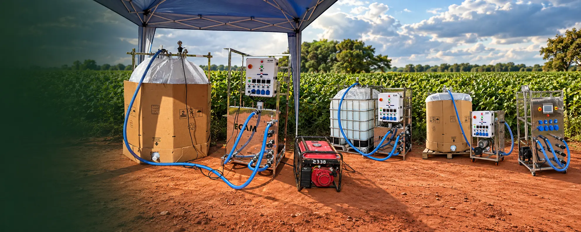 Biorreator ECAM BIO operando sob uma tenda ao lado da lavoura
